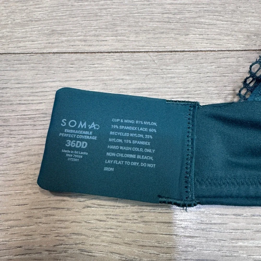 Soma Embraceable Perfect Coverage Underwire Bra Dark Teal Green Lace 36DD